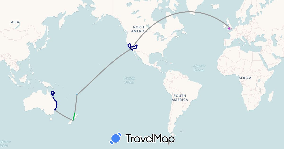 TravelMap itinerary: driving, bus, plane, train, boat in Australia, Fiji, United Kingdom, New Zealand, United States (Europe, North America, Oceania)
